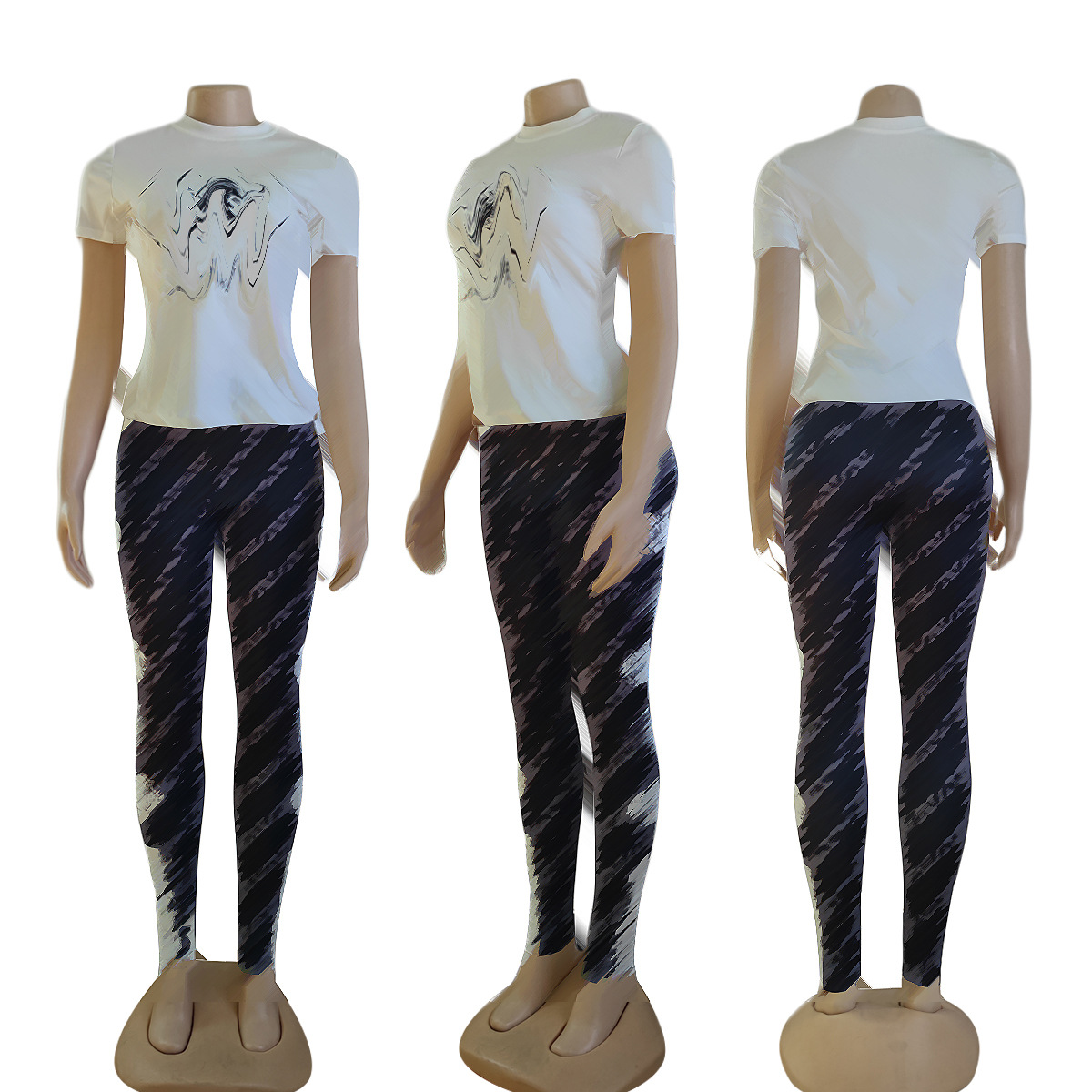 Calças femininas de duas peças, agasalhos diários, camisetas e calças casuais com decote redondo e frete grátis