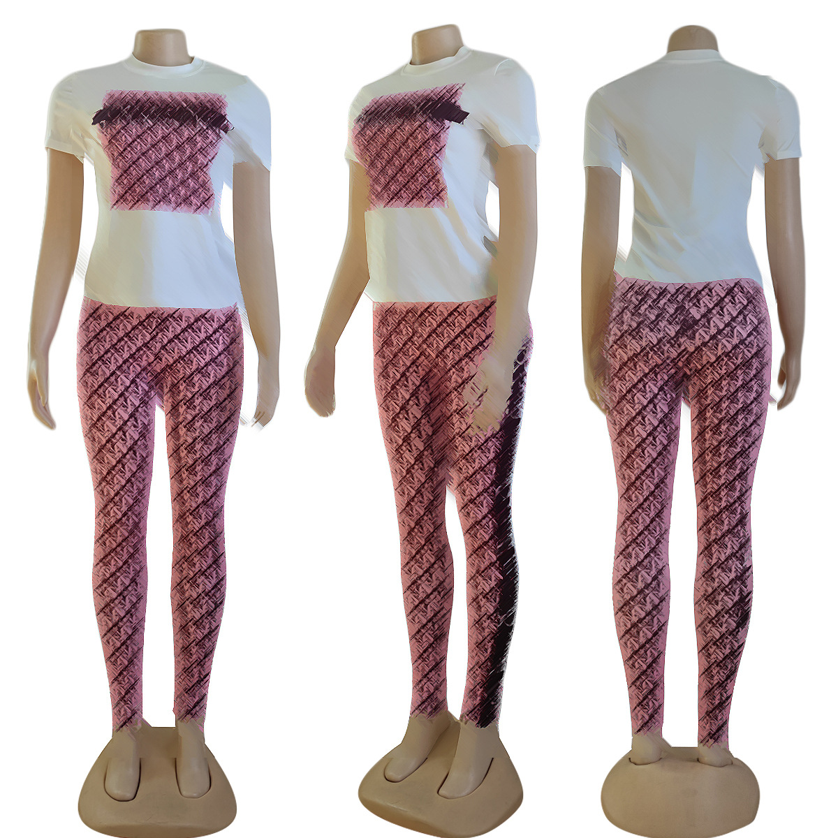 Calças femininas de duas peças, agasalhos diários, camisetas e calças casuais com decote redondo e frete grátis