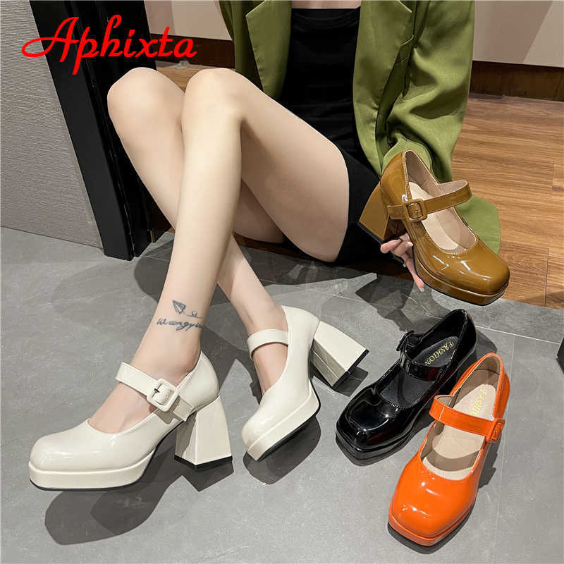 Aphixta 2023 新プラットフォームスクエアトゥパンプス女性の靴 7 センチメートルチャンキーヒールオレンジ抗ドロップポン引きバックルパンプスプラスビッグサイズ 35-45 L230704