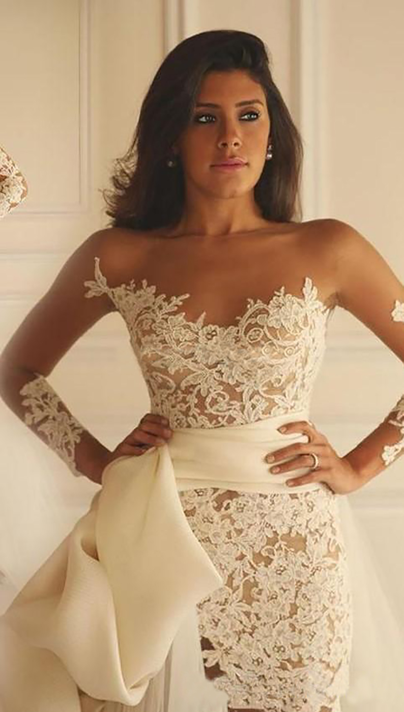 2023 Maison Yeya Abiti da sposa corti in pizzo con strascico staccabile 2018 Illusion Manica lunga Sheer Neck Holiday Bridal Due pezzi Abito da sposa