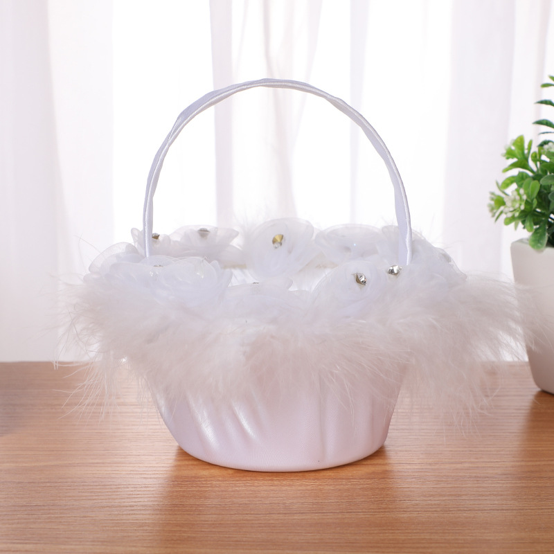 Flower Girl Basket White Small Satin Cloth Baskets with Lace Faux Flowers Bows Pearls Decor for Wedding Ceremony