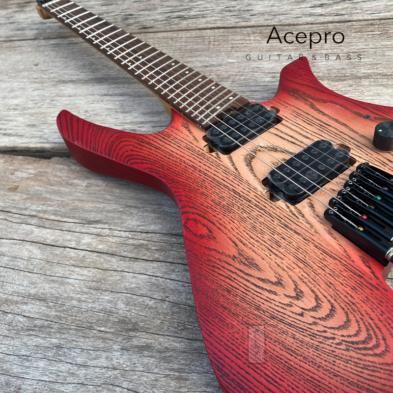 New Arrival Satin Red Burst Headless Electric Guitar Ash Body Roasted Maple Neck 2.9 Jumbo Stainless Steel Oblique Frets