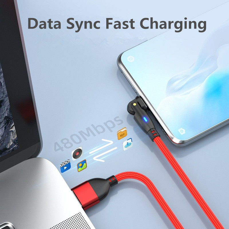 USB Type C 3A 180 graden Elleboog Fast Charger Data Sync Data Cord Voor Android game player 0.5 M/1 M/2 M/3 M