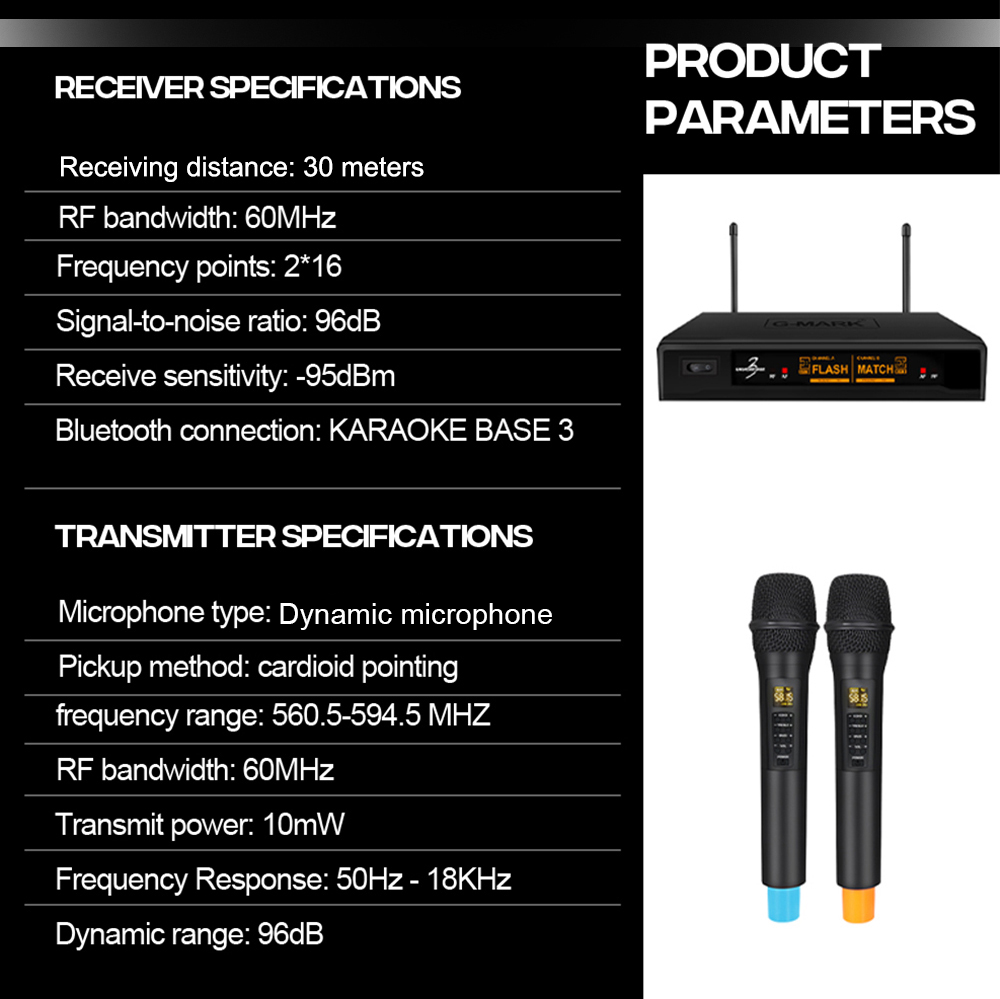 Microfone Bluetooth sem fio G-MARK Karaokê Base 3 UHF profissional Efeito de reverberação de microfone dinâmico para Soundbar Party KTV Wedding