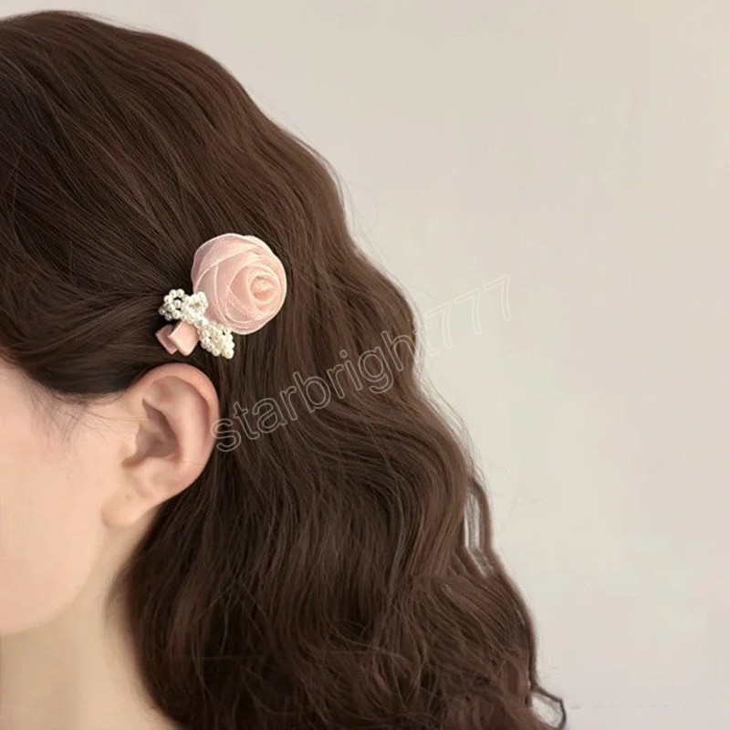 Korean Pearls Bow Rose Hair Clips For Women Small Flower Hairpins Girls Elegant Hair Clip Pin Barrettes Wedding Hair Accessories