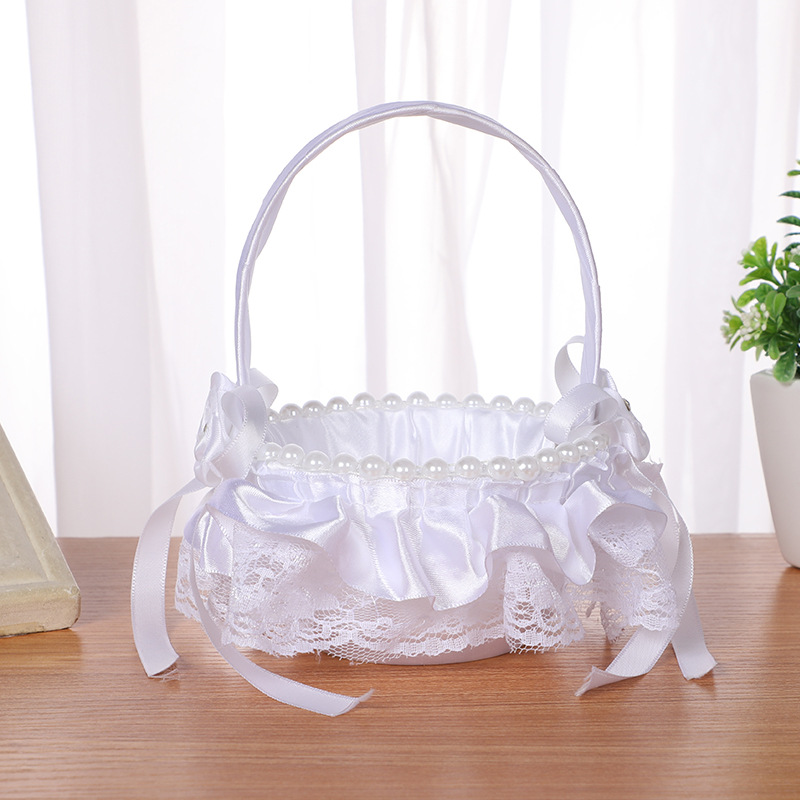 Flower Girl Basket White Small Satin Cloth Baskets with Lace Faux Flowers Bows Pearls Decor for Wedding Ceremony