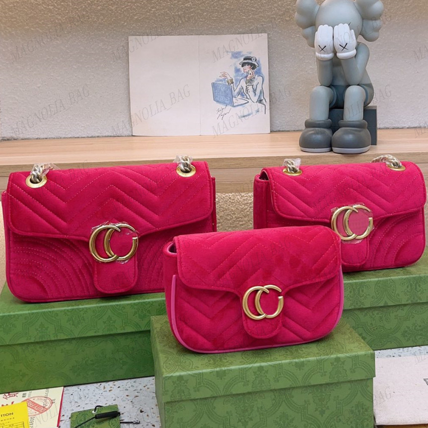 벨벳 Marmont 일련 번호 핸드백 하트 스타일 여성 어깨 가방 클래식 골드 체인 26cm 가방 크로스 바디 16cm 23cm 27cm