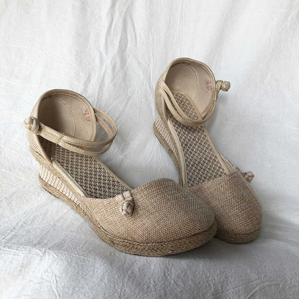 Veowalk Vintage Women Sandals 캐주얼 린넨 캔버스 웨지 샌디언 여름 발목 스트랩 6cm 메드 힐 플랫폼 펌프 Espadrilles 신발 L230704