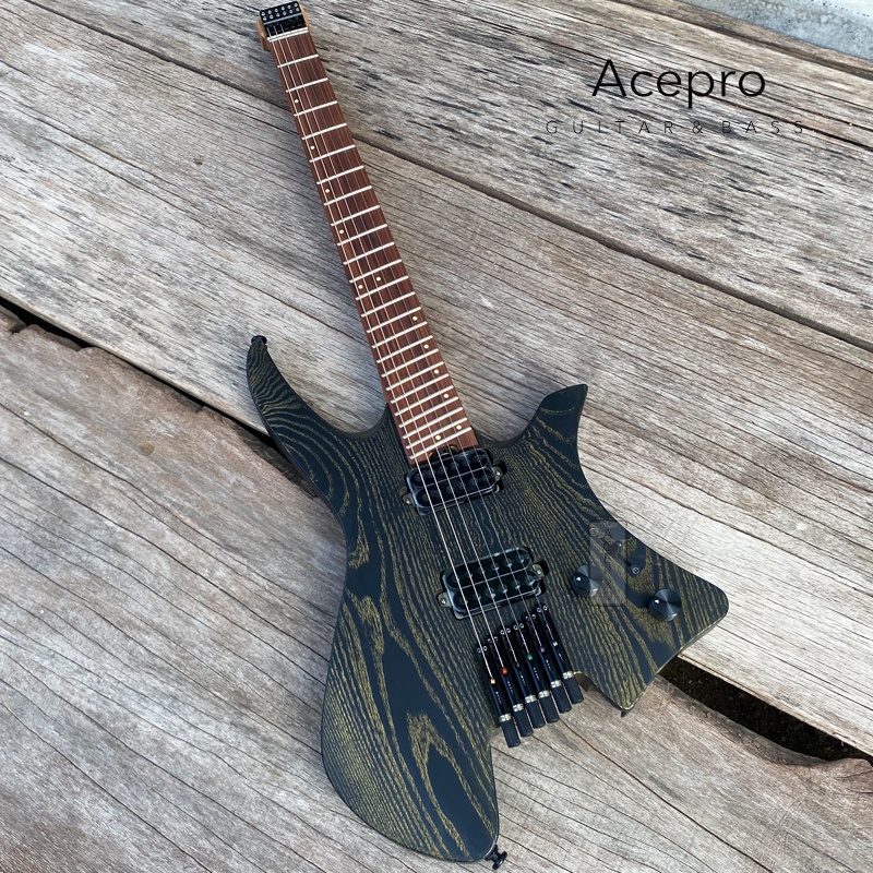 Nieuwe Collectie Headless Elektrische Gitaar Satijn Zwart-Goud Ash Body Gebraden Esdoorn Hals Jumbo Rvs Schuine Frets Hoge kwaliteit