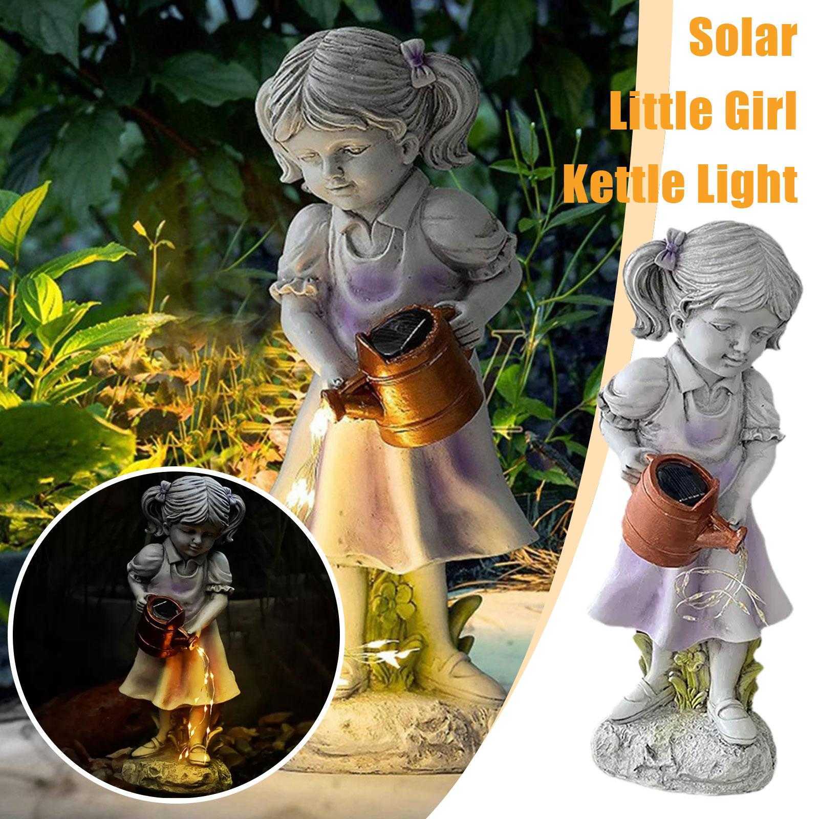 Fairy Garden Staty Solar Garden Ängelfigur Solvattenkanna Ljus Utomhusdekoration Fairy Girl Harts Skulptur Prydnad L230620
