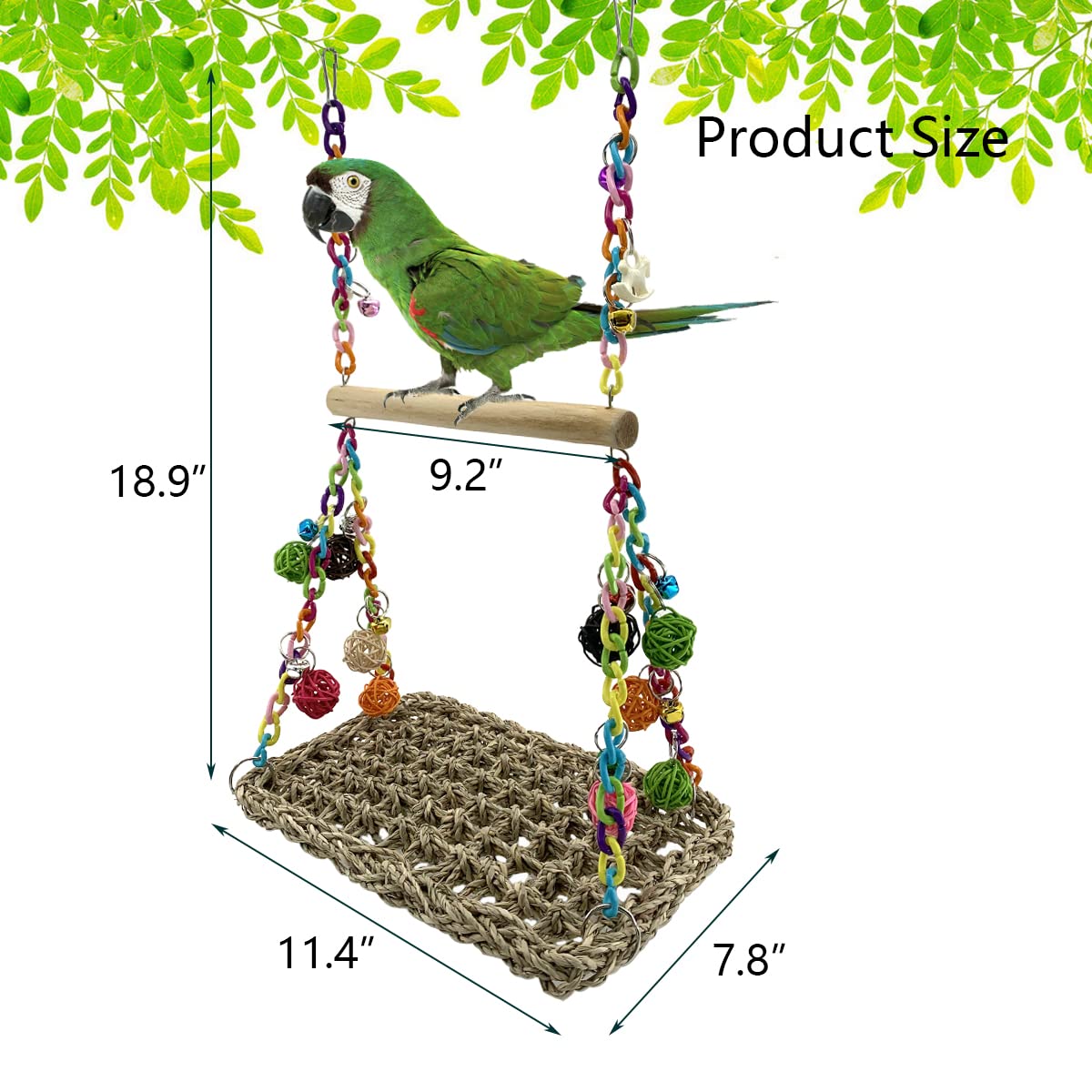 Vogel-Seegras-Schaukelspielzeug mit Holzstange, Papagei, Trapezschaukel, Kletterhängematte, Vogelsitzstange, Ständer, Kauspielzeug für Lovebird, Nymphensittiche, Wellensittiche, Sittiche