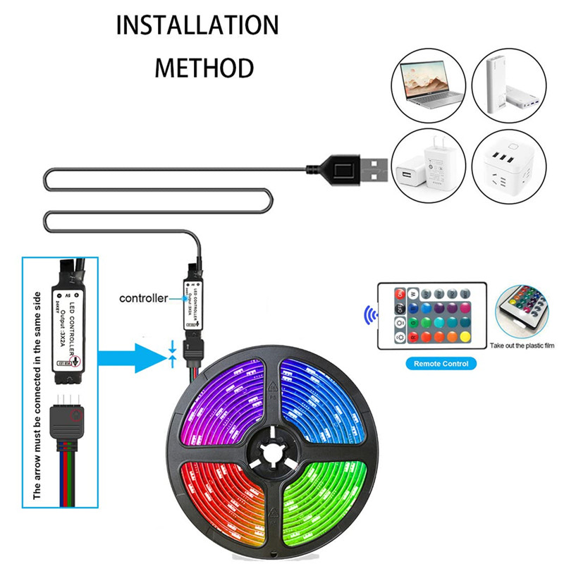 5 m USB-LED-Leuchten, Streifenband, LED 2835, 24 Tasten, IR-Fernbedienung für Küche, Schrank, Schlafzimmer, PC, TV, Hintergrundbeleuchtung, Heimbeleuchtung, D2.0