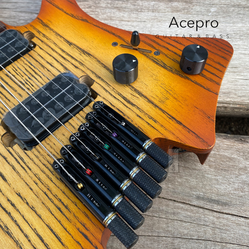 Nieuwe Collectie Pro Headless Elektrische Gitaar Amber Burst Kleur Ash Body Geroosterde Esdoorn Hals Jumbo Rvs Oblique Frets