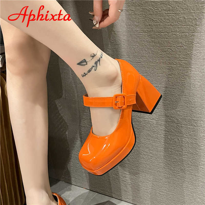 Aphixta 2023 New Platform Square Toe Pumps Damskor 7cm Chunky Heels Orange Anti-drop Pimp Buckle Pumps Plus Big Size 35-45 L230704