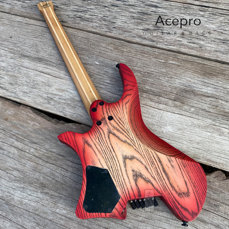 New Arrival Satin Red Burst Headless Electric Guitar Ash Body Roasted Maple Neck 2.9 Jumbo Stainless Steel Oblique Frets
