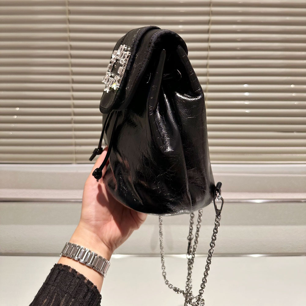 2023 High Quality Crystal Cowhide Black Women's Cowhide Backpack Small Capacity Metal Shoulder Strap Flip Pull Cord Opening Classic Casual Designer Fashion Brand