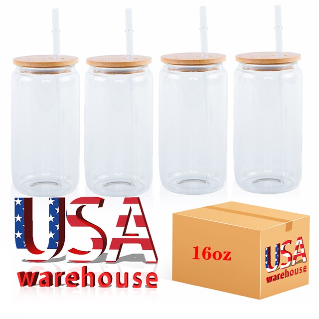 CA USA STOCKED 16oz Tazze di vetro a sublimazione Vaso Soda Bevanda Tazza di cannuccia con coperchio in bambù all'ingrosso