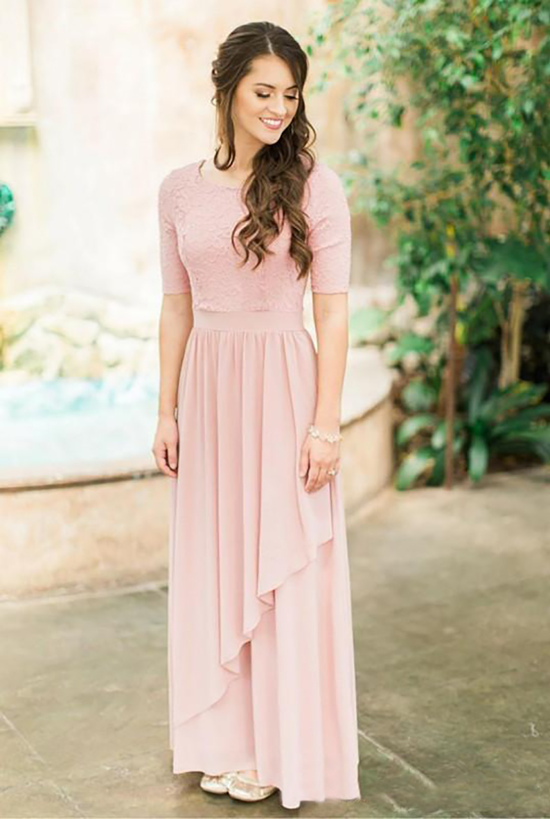 2023 Abiti da damigella d'onore lunghi polverosi color rosa modesto con mezze maniche Abiti da damigella d'onore in chiffon di pizzo country Abiti da damigella d'onore Boho con maniche Custom Made