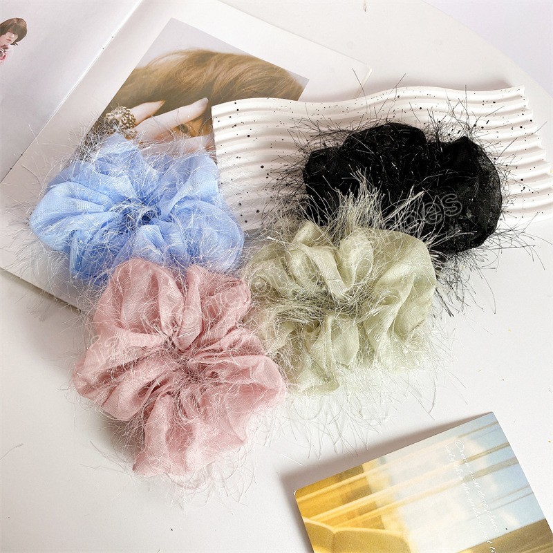 Fashion Feather Chiffon Scrunchie Korea Gauze Tassel Hair Scrunchies Women Elastic Hair Bands Headwear Ponytail Holder Hair Rope