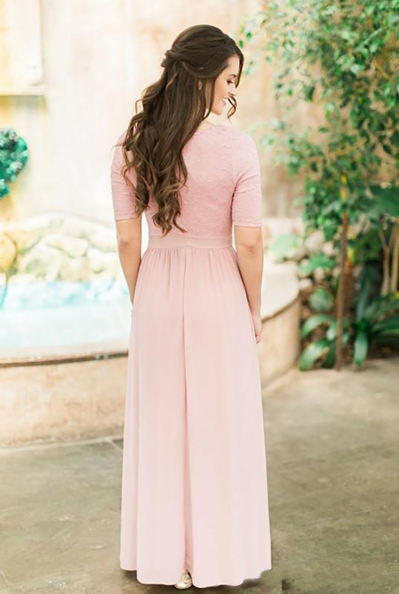 2023 Modest Rose Dusty Long Bridesmaid Dresses With Half Sleeves Lace Chiffon Country Wedding Bridesmaids Dresses Boho Sleeved Custom Made
