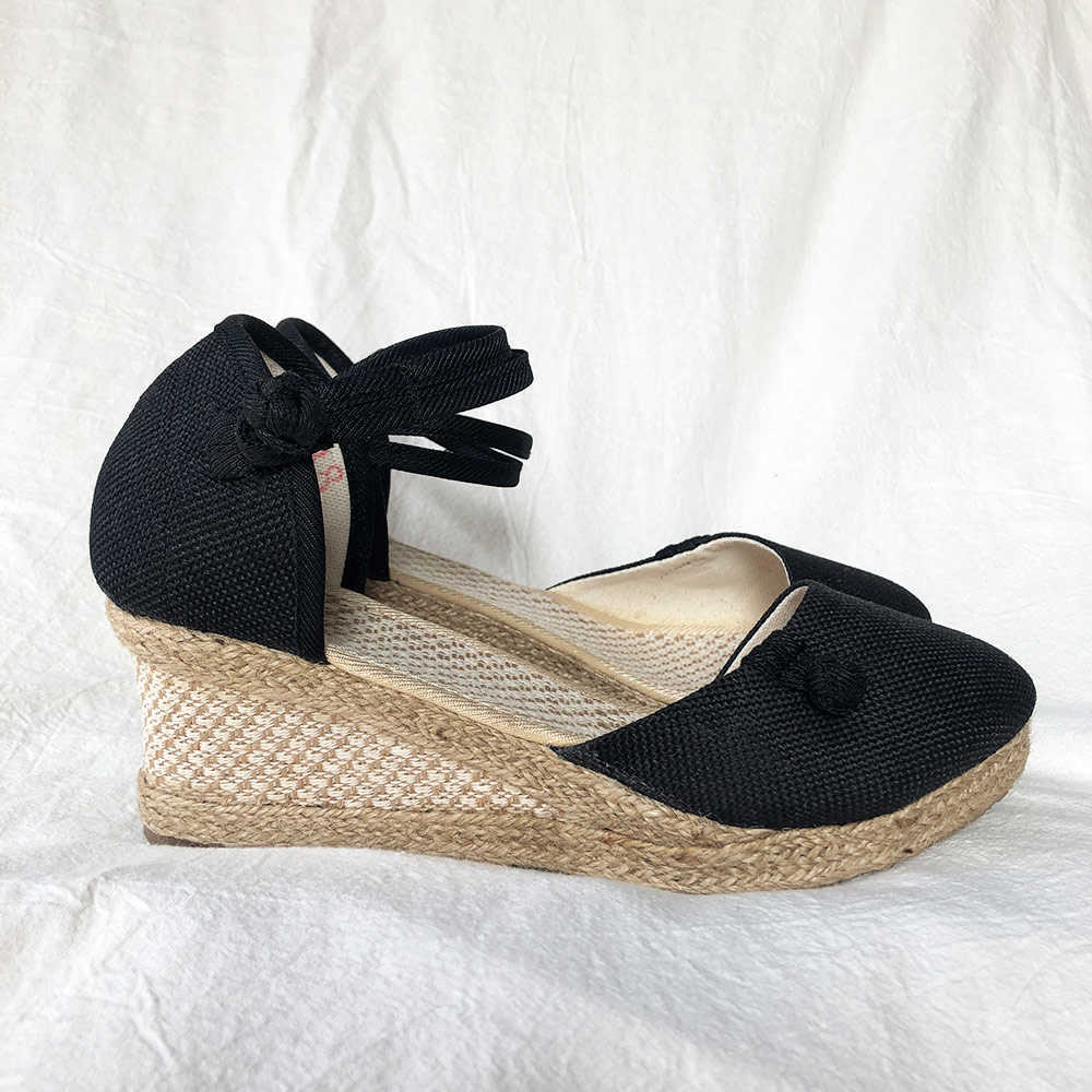 Veowalk Sandali da donna vintage Sandali con zeppa in tela di lino casual Cinturino alla caviglia estivo 6 cm Piattaforma con tacco medio Pompa Espadrillas Scarpe L230704