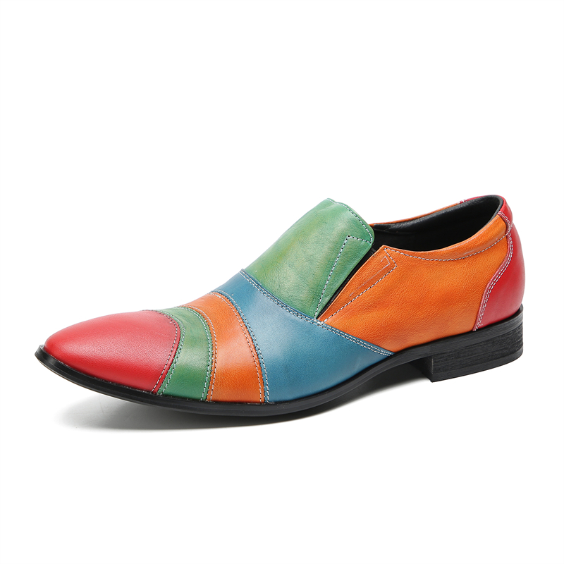 2023 loisirs coloré sans lacet chaussures de bureau mode bout pointu scène spectacle chaussures de fête Original en cuir véritable homme chaussures d'affaires