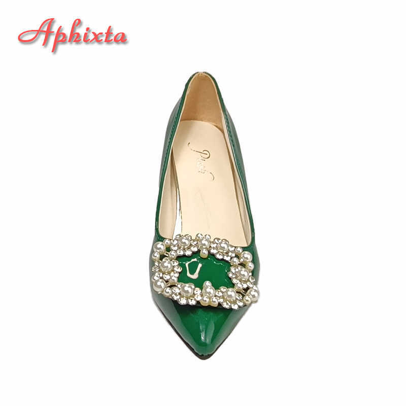 Aphixta New Dark Green Pearl Buckle Patent Leather Women's Pumps 7cm Square Heel Officile Pointed Toe Shoes Super Big Size 49 50 L230704