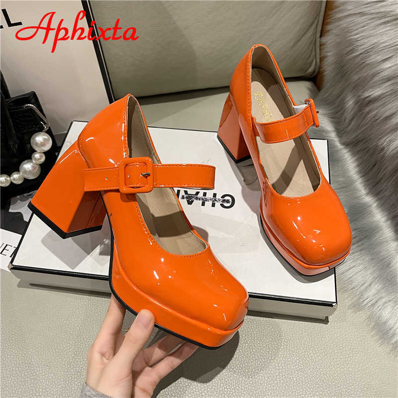 Aphixta 2023 New Platform Square Toe Pumps Damskor 7cm Chunky Heels Orange Anti-drop Pimp Buckle Pumps Plus Big Size 35-45 L230704