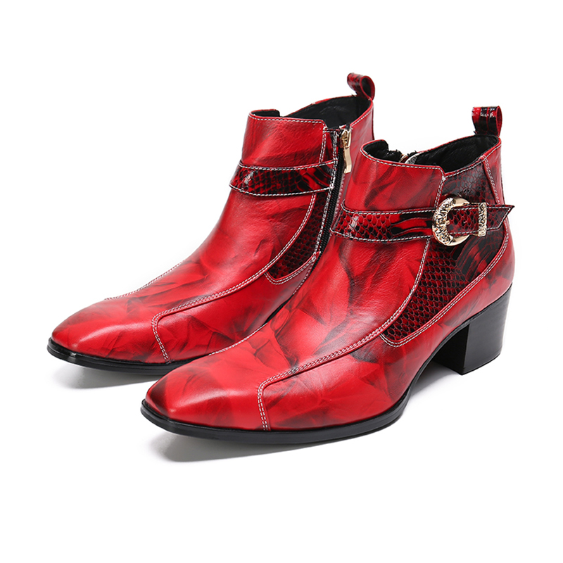 Botas Plus Size Winter Italian Red Pointed Toe Man Shoes Buckle Genuine Leather Formal Ankle Boots Male Club Party Dress Boots