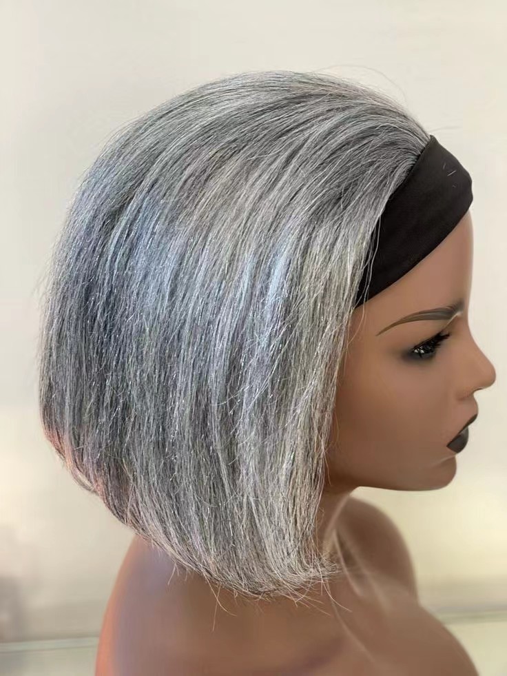 Short human hair bob wig with headband lace gray Salt and pepper natural grey straightstretchy cap with adjustable straps for women