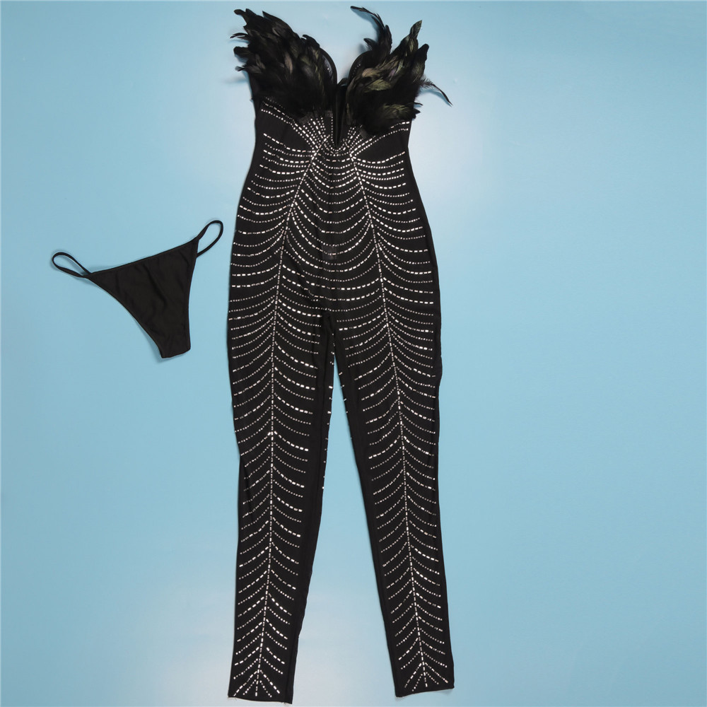 Designer Diamonds Jumpsuits Summer Women Plus size 3XL Sexy Strapless Feather Rompers See Through Sheer Backless Playsuit One Piece Overalls Night Club Wear 10009