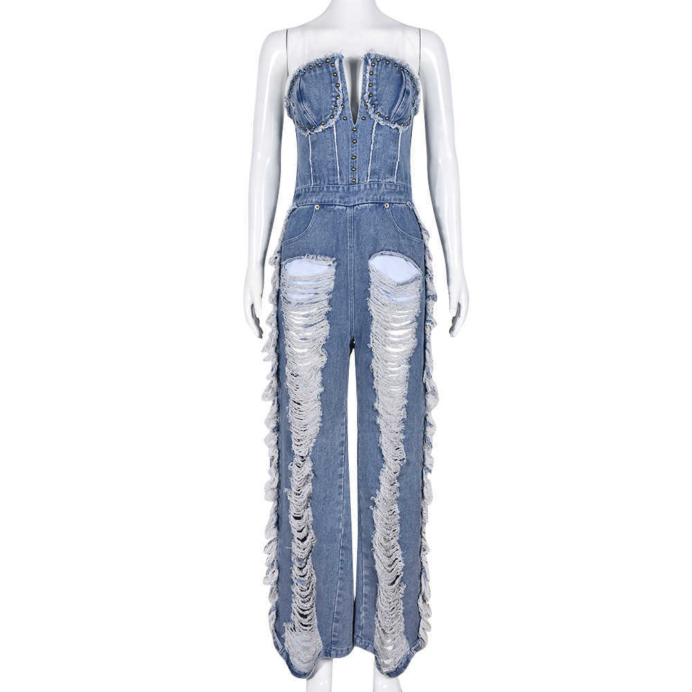 New Rompers Summer Fashion Tassel Broken Hole Nail Drill Wash Denim Jumpsuit For Female