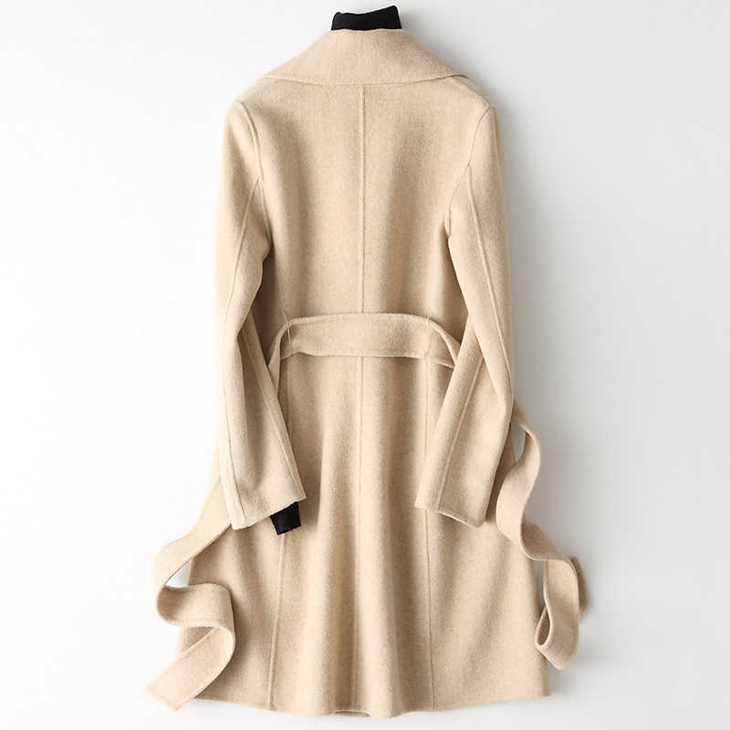 Women's Wool Blends Autumn Women Wool Coats Turn Down Collar Midi Length Coats Women Woolen Coat With Belt Veste Femme Tops Abrigo Mujer HKD230712