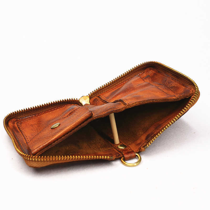 Echt Lederen Portemonnee Voor Vrouwen Mannen Vintage Handgemaakte Korte Kleine Bifold Rits Mannen Portemonnee Houder Met Broekzak L230704