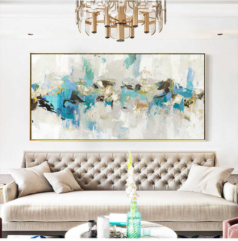 Niebieski nowoczesny abstrakcyjny kolorowy poziomy obraz na ścianę płótno na ganek salon korytarz wiszące malowanie dekoracji L230704