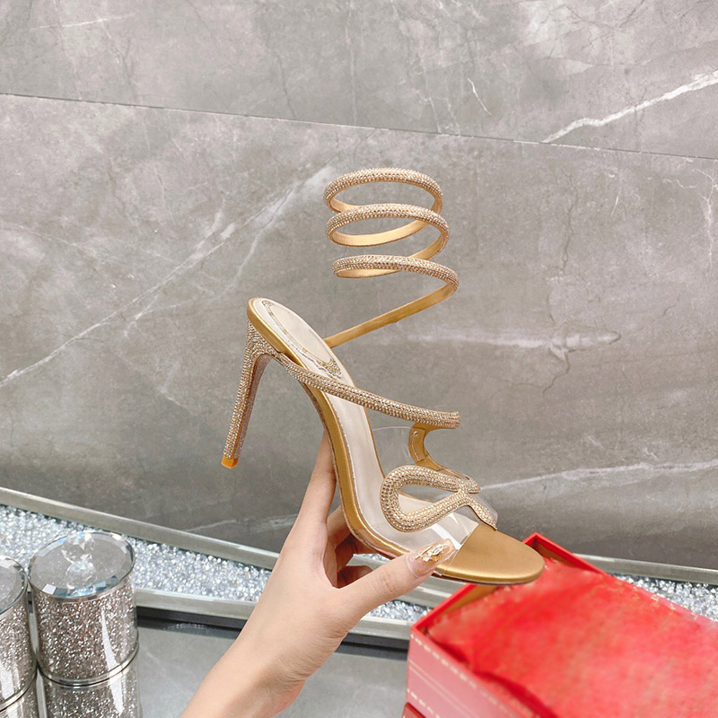 デザイナー ヒール クレオ サンダル セクシーなヘビの形をしたアンクル サンダル 有名なフリップ フロップ rc サンダル 透明なアッパーの高級スライド クリスタル ドレス シューズ パーティー ハイヒールの女性の靴