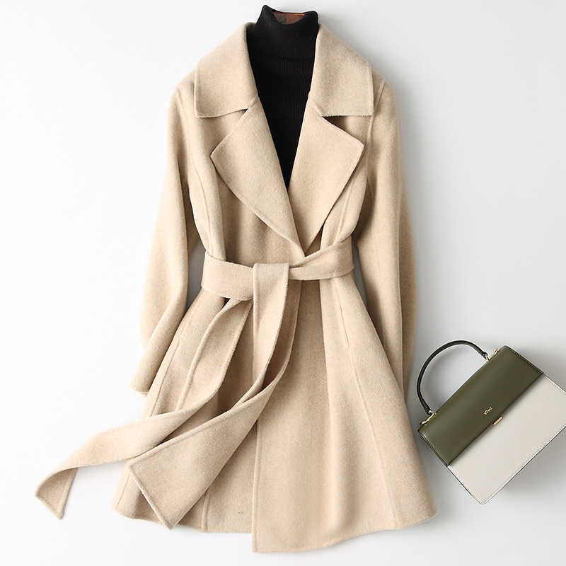 Women's Wool Blends Autumn Women Wool Coats Turn Down Collar Midi Length Coats Women Woolen Coat With Belt Veste Femme Tops Abrigo Mujer HKD230712