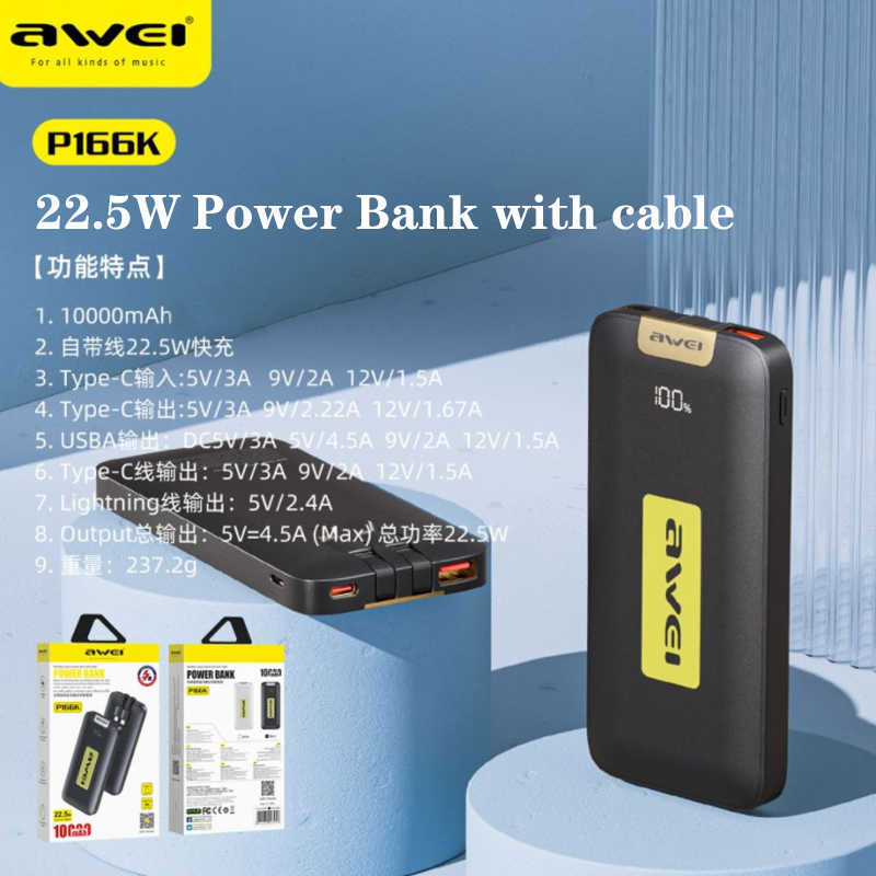 Awei P166K Power Bank 10000 mAh PD 22.5 W Snelle Externe Batterij Oplader Draagbare Powerbank Voor iPhone 14 13 12 Pro Max Samsung L230712