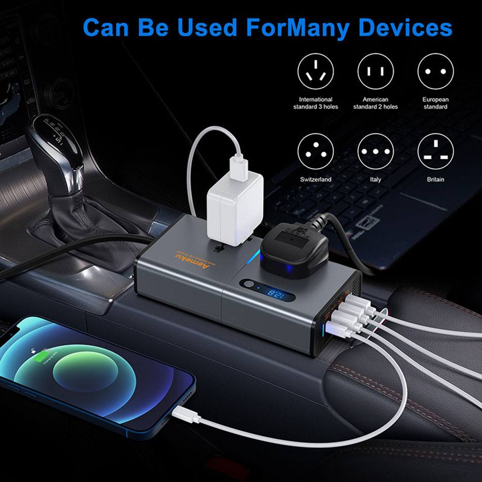 200W CAR HELVERTER DC 12V/24V إلى AC 220V US EU Universal Socket Plug Type C PD USB3.0