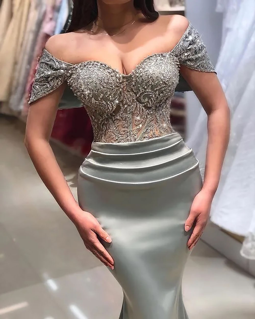 Arabo Plus Size Grey Mermaid Abiti da sera sexy in pizzo con perline in raso Prom Party formale Abiti da secondo ricevimento