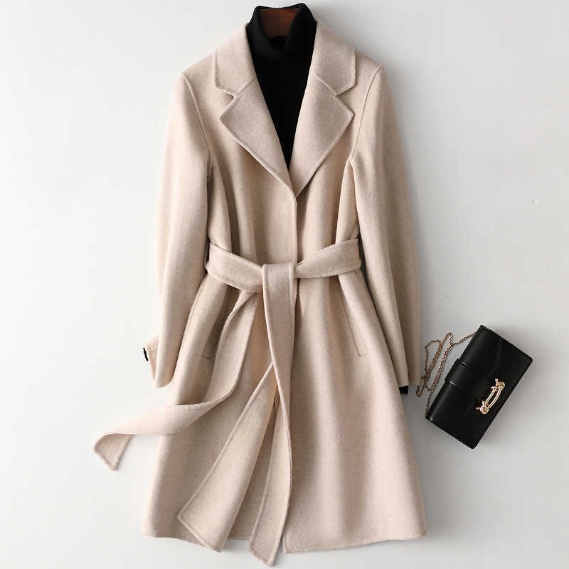 Women's Wool Blends Autumn 100% Wool Coats Women Turn Down Collar Midi Length Coats Women Woolen Coat With Belt Veste Femme Tops Abrigo Mujer HKD230712