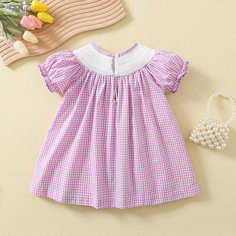 Girl's Dresses Summer New Girls Purple Plaid Dress Cartoon Smocked Embroidery Princess Dress Frocks For Birthday Party Children Outfit 1-5 YearHKD230712