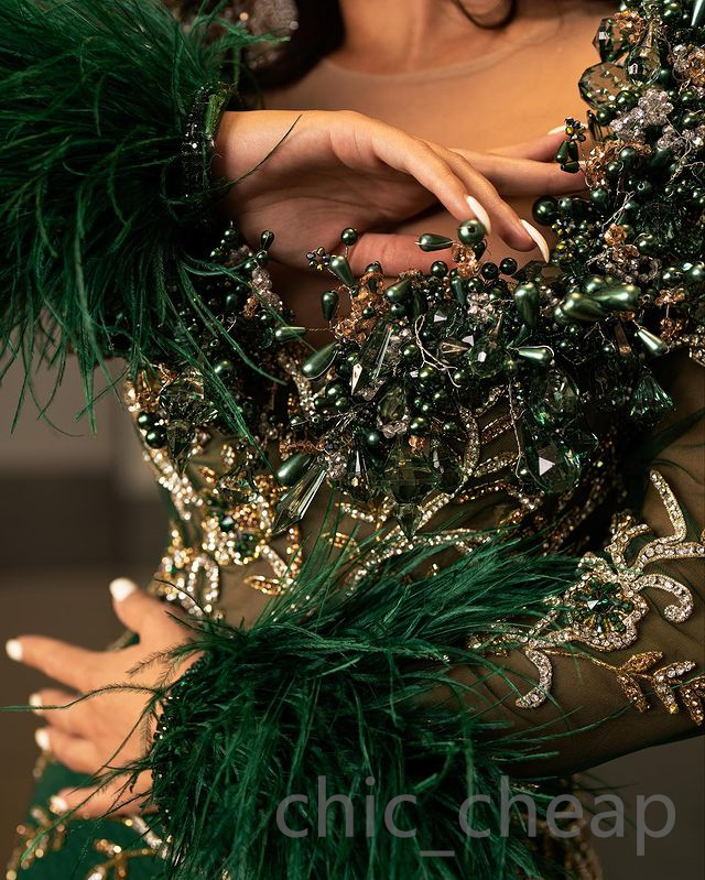 2023 Aso Ebi Dark Green Promaid Prom Платье кружево бисера вечернее пера.