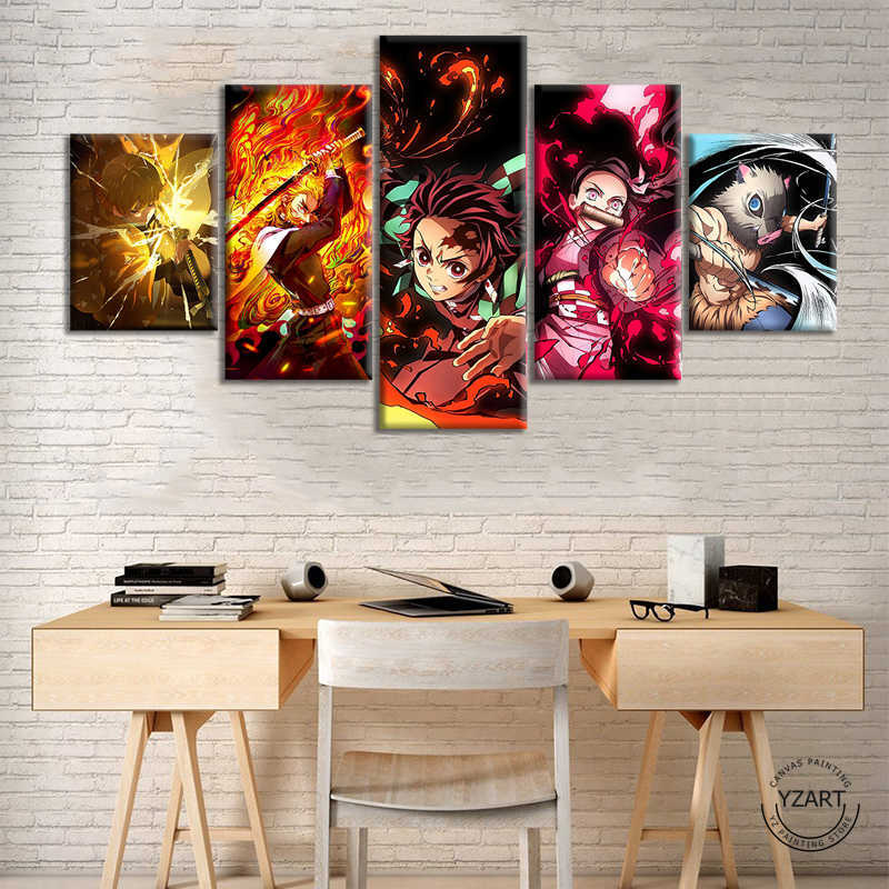 5 uds. Colección de personajes de animación Demon Slayer Kimetsu No Yaiba Anime Poster Vintage Room Decor Wall Art L230704