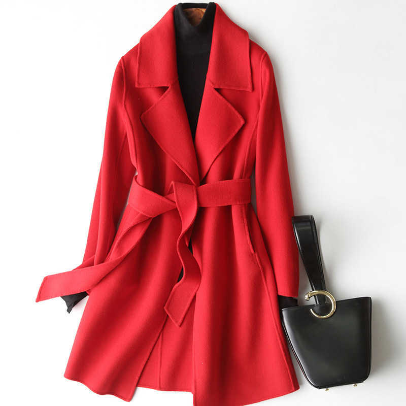 Women's Wool Blends Autumn Women Wool Coats Turn Down Collar Midi Length Coats Women Woolen Coat With Belt Veste Femme Tops Abrigo Mujer HKD230712