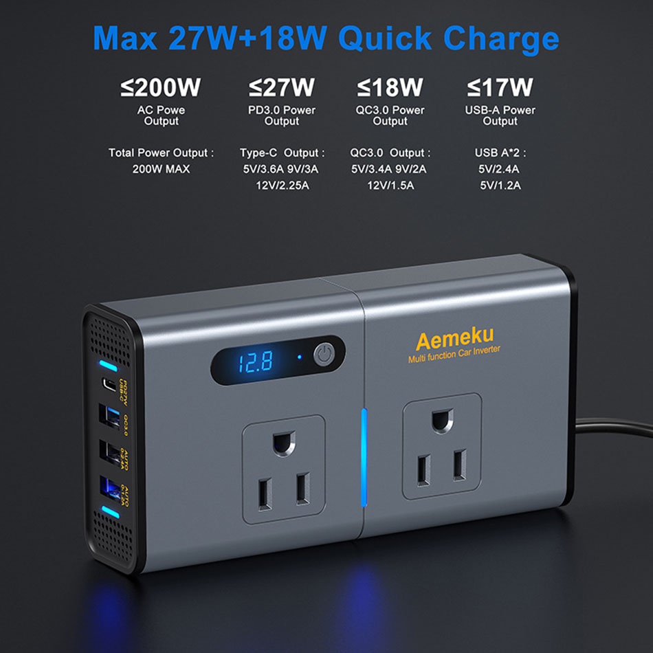 200W Car Inverter DC 12V/24V to AC 220V US EU Universal Socket Plug Type C PD USB3.0 Fast Charging Modified Sine Wave Voltage Inverters