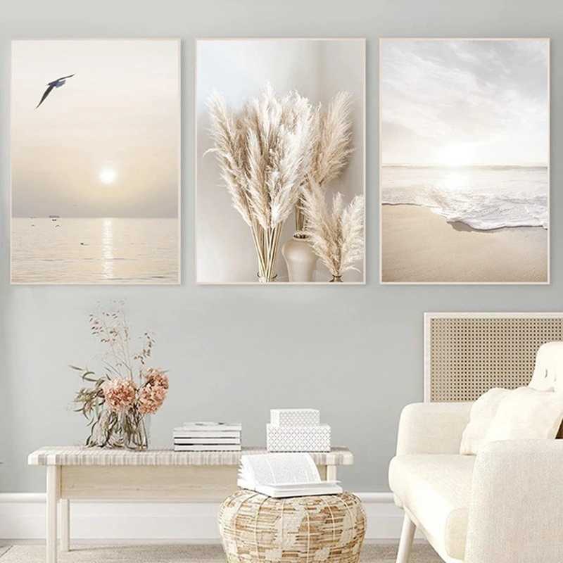 AT14 BEIGESE GRASS Sunset Beach The Palm Teals Canvas Painting Nordic Posters and Prints Настенные картинки для декора гостиной L230704