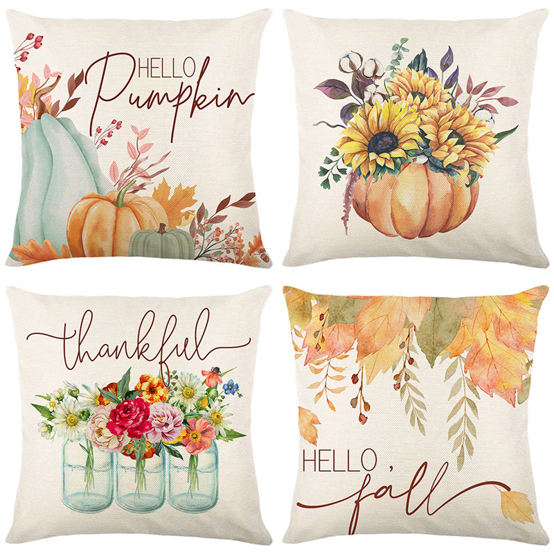 Hello Autumn Flower Pumpkin Fall Throw Pillow Case 18 x 18 Inch Thanksgiving Day Cushion Case for Sofa