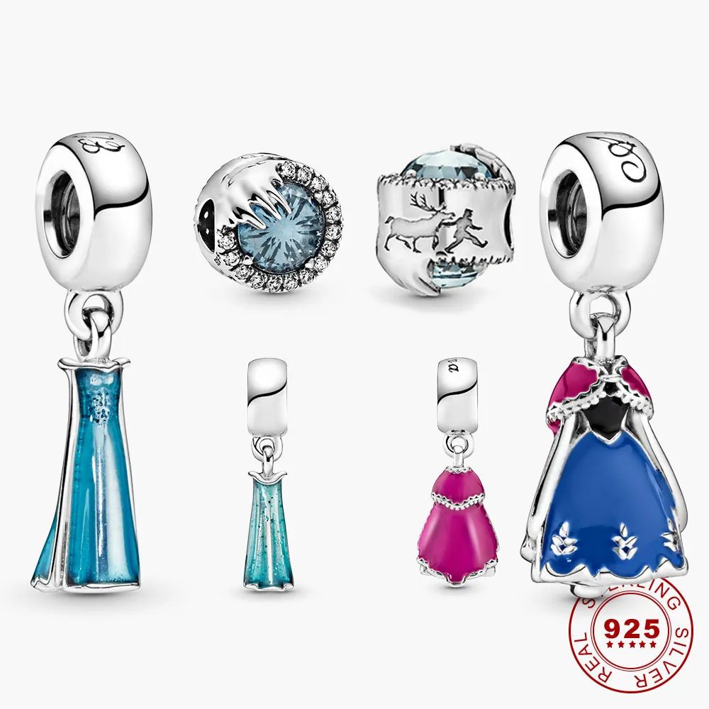 925 Silver Fit Pandora Charm 925 Bracelet Winter Princess Dress Dangle charms set Pendant DIY Fine Beads Jewelry