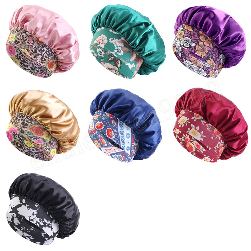 Satin Night Sleep Cap Print Wide Band Satin Bonnet Elastic Protect Women Женщины для волос шляп